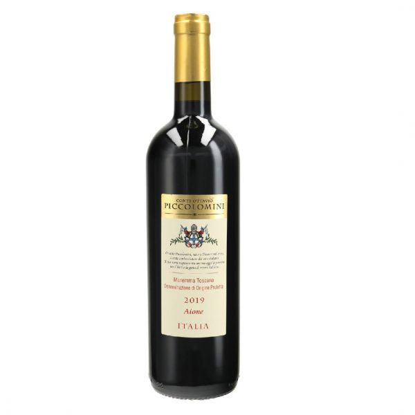 Czerwone, wytrawne, włoskie wino Aione rocznik 2019, pochodzące z regionu Maremma w Toskanii.