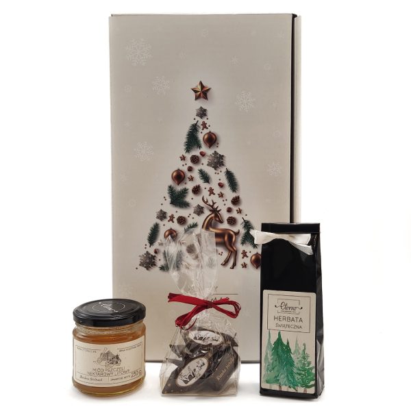 Pudełko prezentowe Merry Christmas z herbatą, miodem i krówkami piernikowymi.