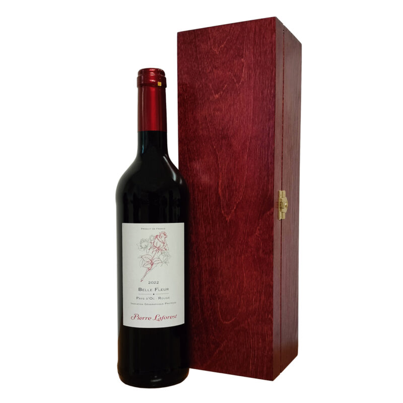 Zestaw prezentowy z czerwonym winem Belle Fleur Rouge 2022 w czerwonej skrzynce