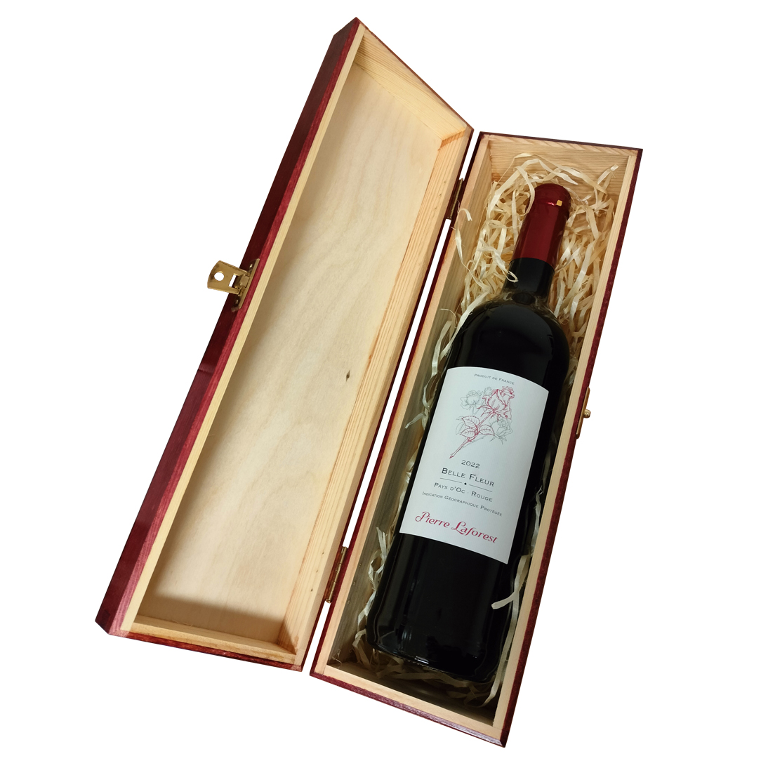 Zestaw prezentowy z czerwonym winem Belle Fleur Rouge 2022 w czerwonej skrzynce