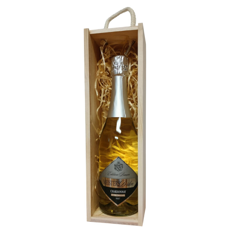 Zestaw prezentowy z winem musującym Chardonnay Extra Dry Edition Baum w jasnej skrzynce