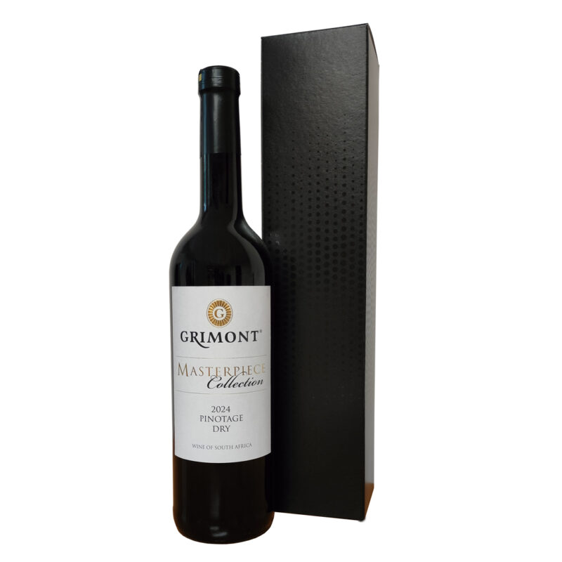 Zestaw prezentowy z czerwonym winem Grimont Pinotage 2024 w czarnym kartoniku